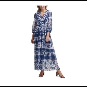 Calvin Klein Women’s Blue Tie Dyed 3/4th Sleeve Wrap Maxi Dress Size 10 New